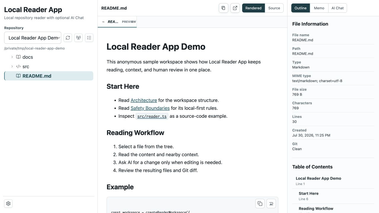 匿名サンプルのREADMEを開き、左にファイルツリー、中央に本文、右にファイル情報と見出しを表示したLocal Reader Appの画面