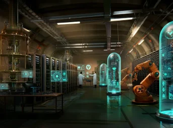An underground laboratory merging 1940s nuclear research atmosphere with advanced AGI development technology