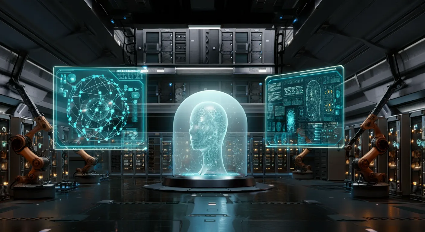 An underground AI nexus on the brink of uncontrollable power, hinting at civilization-scale catastrophe