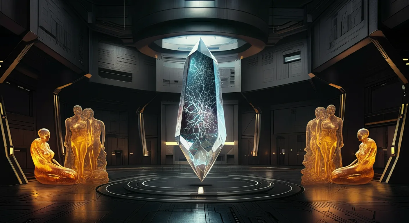 A vast subterranean forum of shifting lights and evolving forms, capturing the existential gravity of aligning AGI with human values