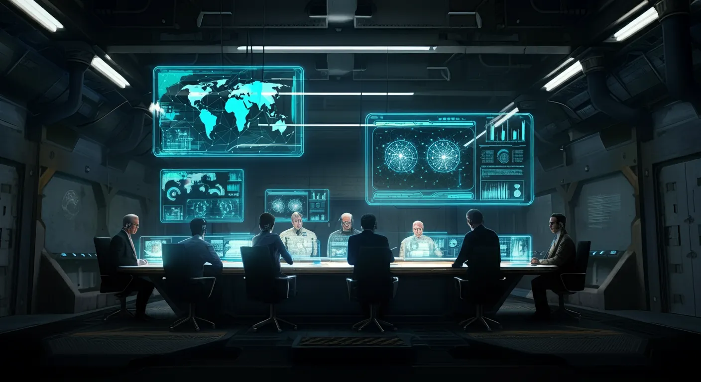 An underground negotiation chamber blending corporate and military aesthetics, symbolizing OpenAI’s shift from open research to security-driven priorities