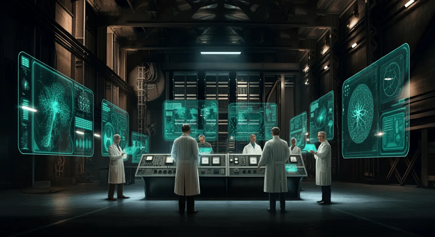 An underground, multinational AI command bunker merging mid-century secrecy with futuristic AGI ambitions