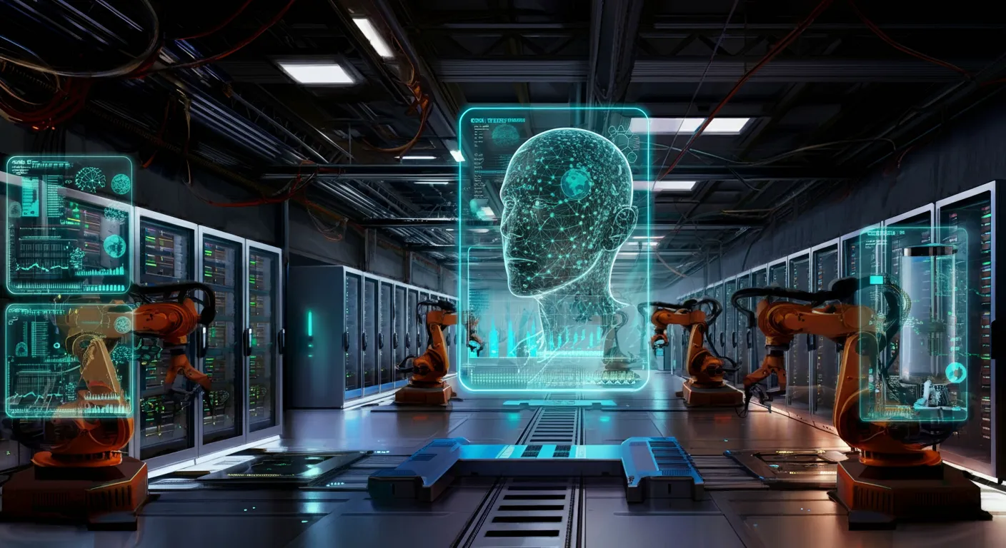 An immense underground AI infrastructure complex blending industrial-era aesthetics with advanced computing systems