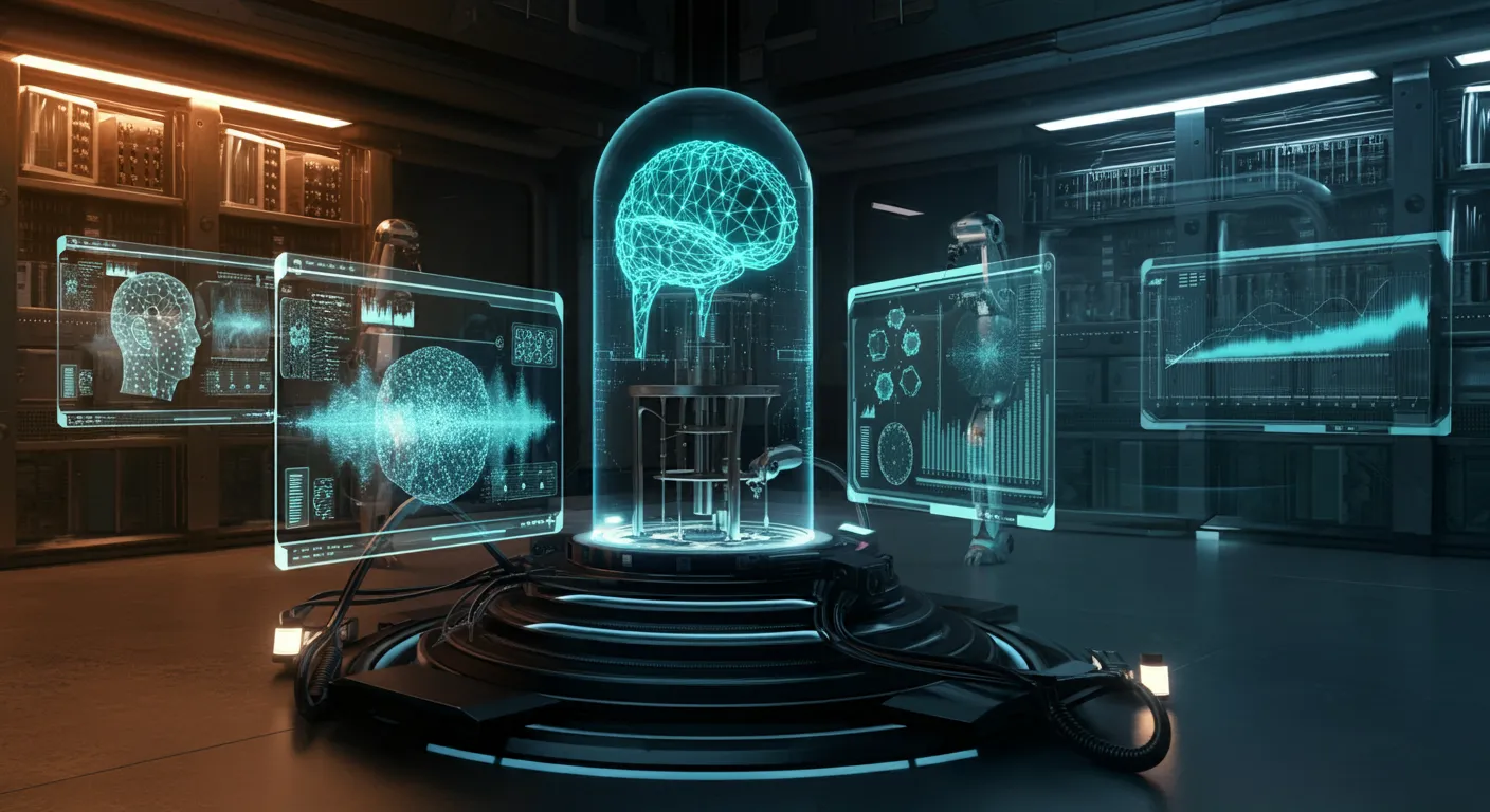A clandestine future-tech hall blending past computing relics and advanced AI interfaces, symbolizing the uncertain AGI timeline toward 2027