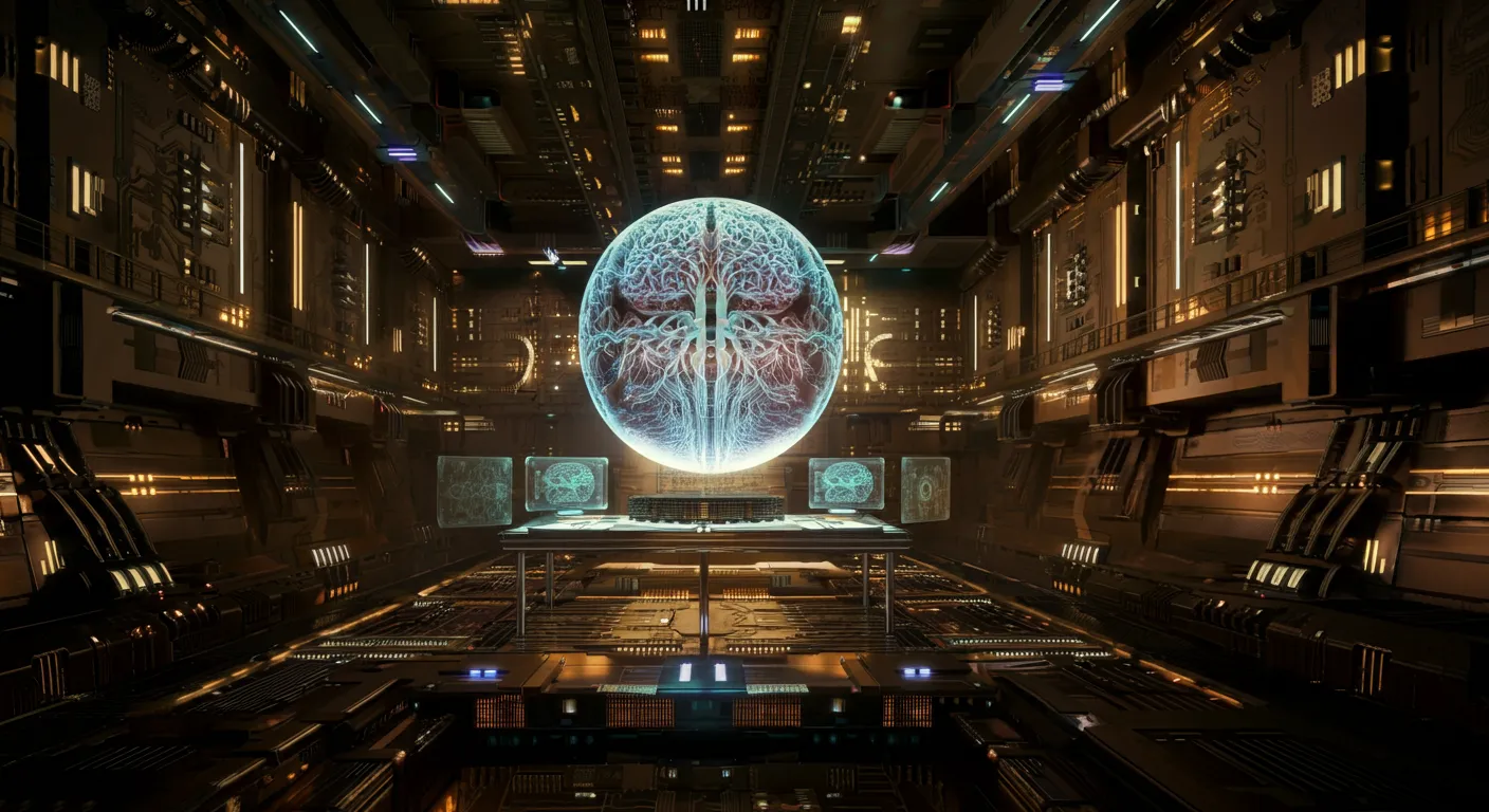 A colossal underground AI megafacility striving for implausible superintelligence, bathed in skeptical light