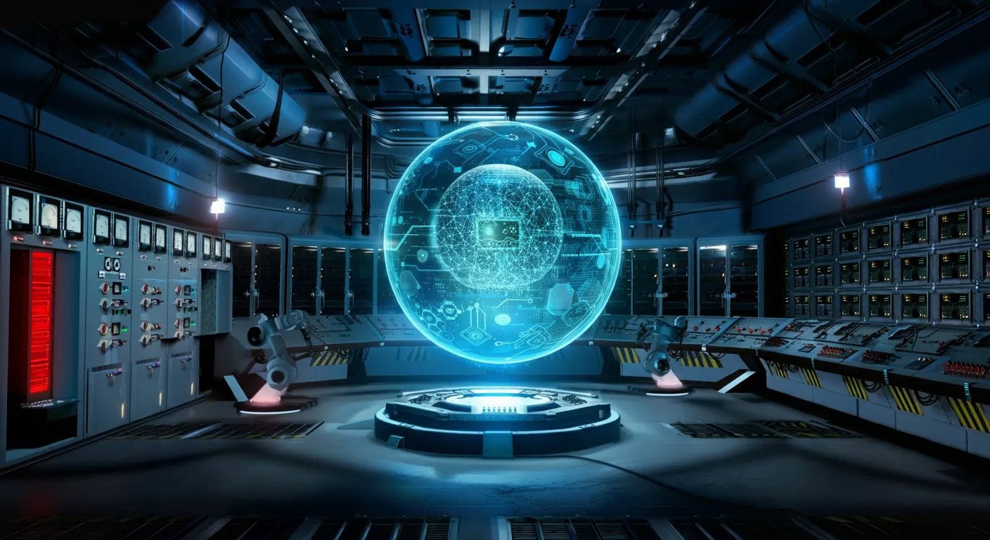 An underground command nexus transitioning from nuclear-era logic to hidden AI-driven supremacy