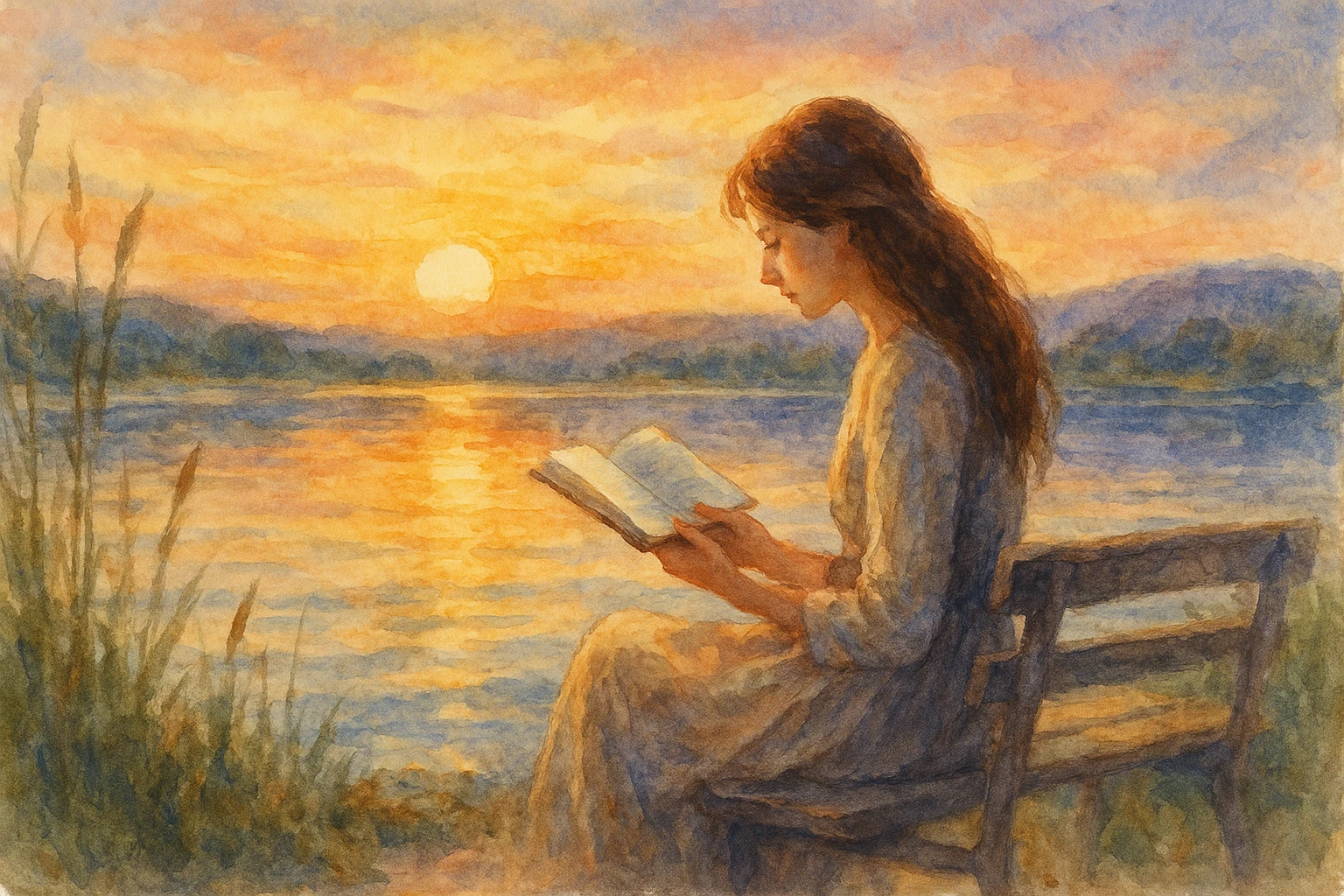 湖畔で読書をする女性_背景は夕暮れ_静かな水面と柔らかな光