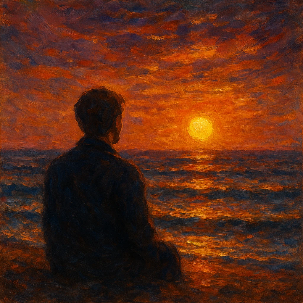 海辺で夕日を見ている男性
