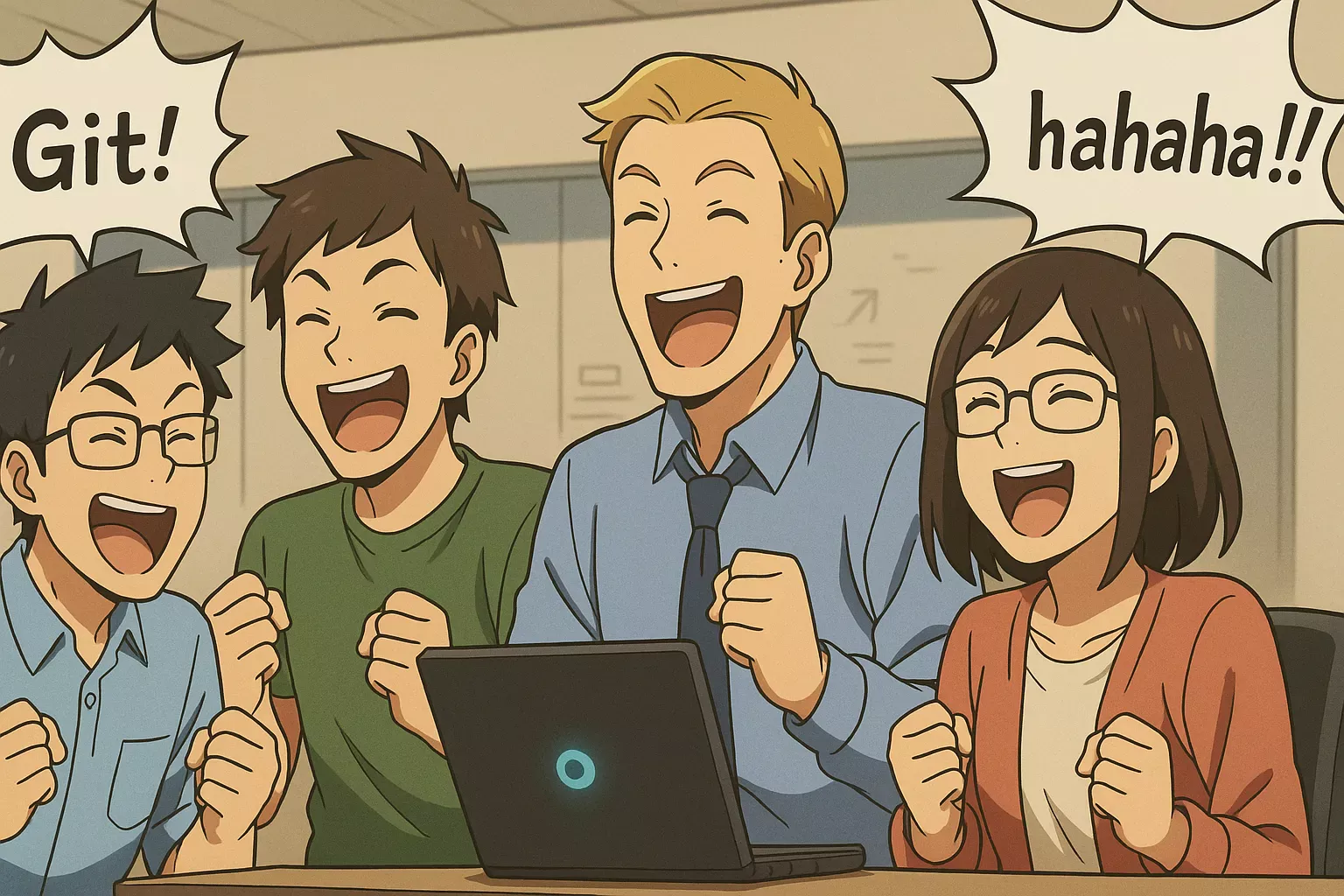 「Git! hahaha!」と笑い合うエンジニア達_日本アニメ画風